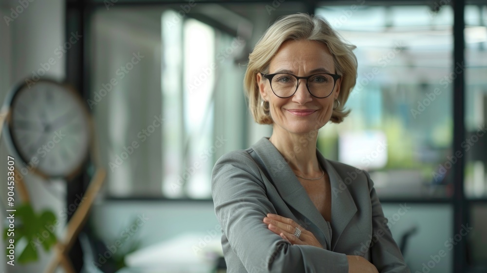 Poster a woman wearing glasses stands in front of a clock, suitable for use in an office or study setting