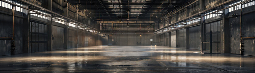 A large building with a lot of trucks parked outside. The trucks are mostly blue and yellow. The sky is orange and the sun is setting