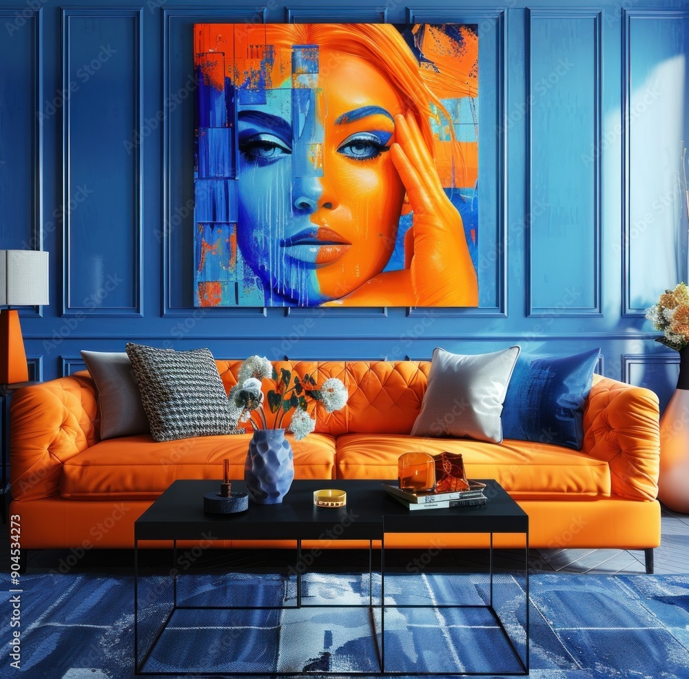 Wall mural Chic living room with a bold orange tufted sofa set against deep blue walls, complemented by a blue coffee table and vibrant decorative elements.