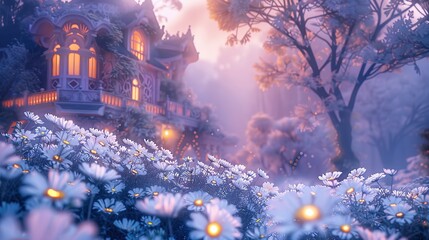 Obraz premium Magical Evening Cottage in Blooming Field