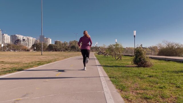 TS WS Adult female running in front of the Rio de la Plata on pedestrian path. Camera follows her from rear angle