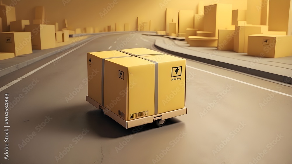 Poster position markers are shown on a yellow backdrop in an abstract flying cardboard box over a road. con