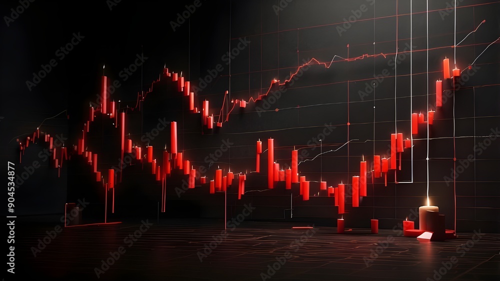 Aufkleber an abstract downward-pointing red candlestick forex chart with a mock-up location and a dark backgro