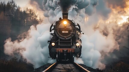 Steam locomotive emerges from a cloud of smoke on railroad tracks.