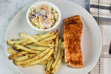 barbecue salmon with home made fries and cole slaw