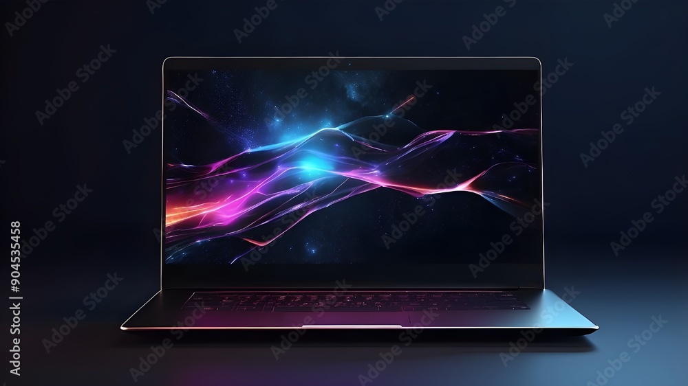 Poster futuristic laptop ideal for high-tech mockups with a dazzling screen on a dark backdrop