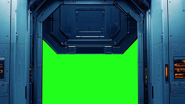 Futuristic spaceship door. Transition to green screen