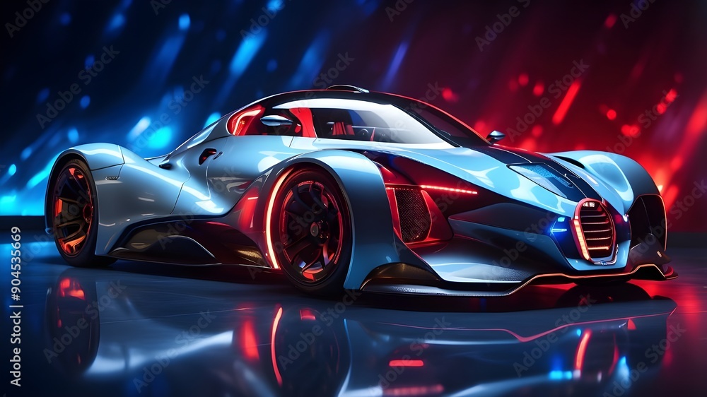 Poster a futuristic sports automobile with red and blue lights shining on a reflecting surface, contrasting