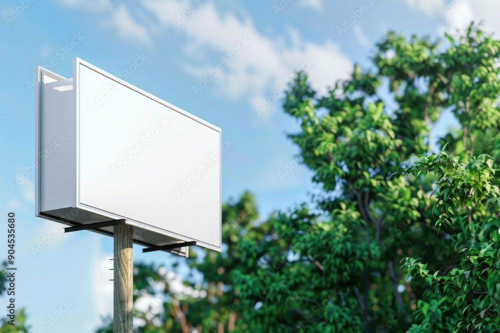 Poster a simple billboard without any message or advertisement, standing out against a backdrop of lush gre