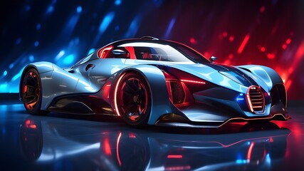 A futuristic sports automobile with red and blue lights shining on a reflecting surface, contrasting with a bokeh light to highlight the concepts of speed and technology