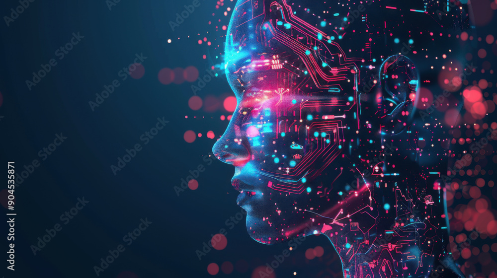 Aufkleber a digital rendering of a human face integrated with futuristic circuitry, symbolizing advanced techn