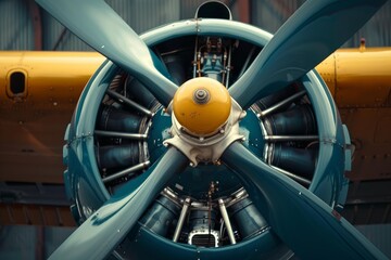 Closeup of a powerful airplane engine with yellow propeller hub, showcasing the intricate details of aviation engineering