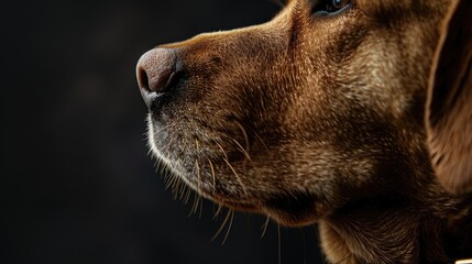 A close-up shot of a dog's face against a dark, solid-colored background