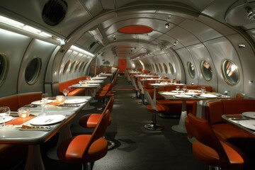 Obraz premium Nobody inside a retro orange and white themed airplane restaurant interior with round windows