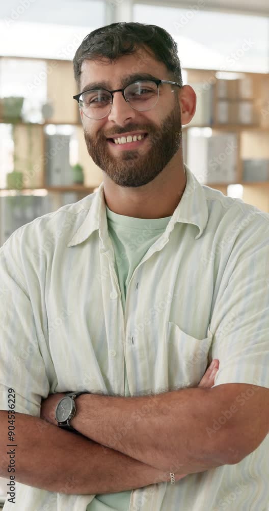 Poster smile, crossed arms and face of man in office with confidence for growth in programming career. happ