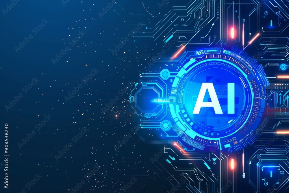Poster ai symbol in a digital blue circle representing the core concept of artificial intelligence in moder