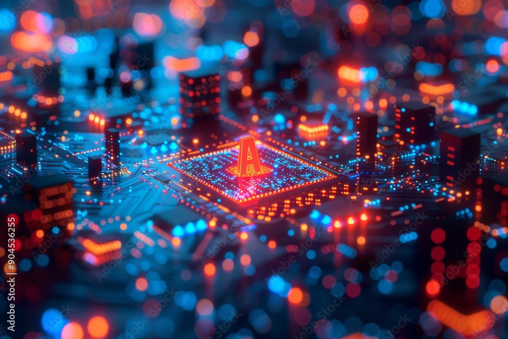 Poster digital cityscape with neon ai text representing the integration and influence of artificial intelli