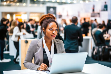 An African American female IT recruiter focuses on her laptop at a career fair. Modern landscape of tech recruitment and career progression. Concept of Labor day