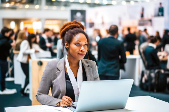 An African American female IT recruiter focuses on her laptop at a career fair. Modern landscape of tech recruitment and career progression. Concept of Labor day