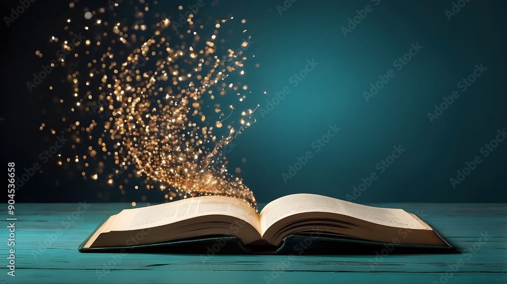 Poster a wonderful idea is suggested by an open book on a wooden table with glittering particles hovering a