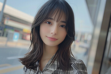 チェック柄の洋服を着た可愛い女性モデル