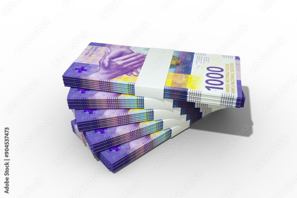 Poster 3d rendering of stack of swiss franc notes. bundles of swiss currency notes isolated on transparent 