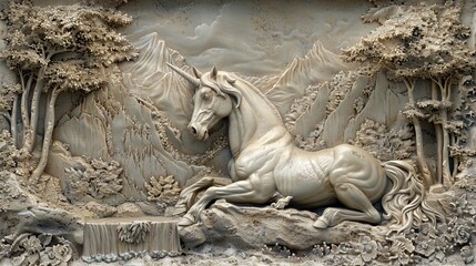 Fototapeta premium Horse lying down in a detailed carved landscape with trees and mountains. Black and white digital art illustration. Nature and wildlife concept. Design for poster, wallpaper, print. Landscape view.
