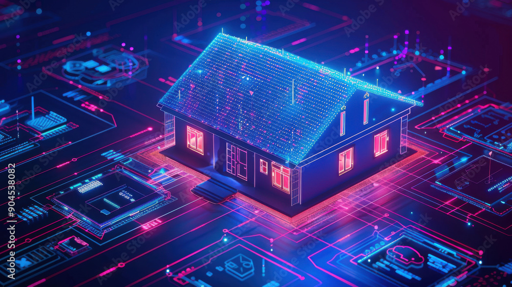 Poster illustration of a smart home surrounded by digital blueprint elements, showcasing advanced home auto