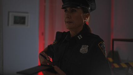 Obraz premium A focused woman police officer inspecting a crime scene indoors with caution tape in the background.