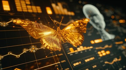 Cybernetic Butterfly Flying Over Digital Panels