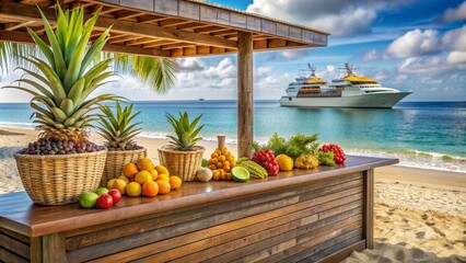 Bar with fruit on counter on beach with ship nearby, wooden, bar, fruit, counter, ocean, white sandy beach, coastal, charm