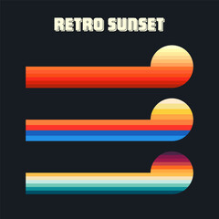 Fototapeta premium Vintage sunset collection. Various colorful striped sunrise badges in 80s and 90s style. Sun and ocean view, summer vibes, surfing. Design element for print, logo or t-shirt. Vector illustration