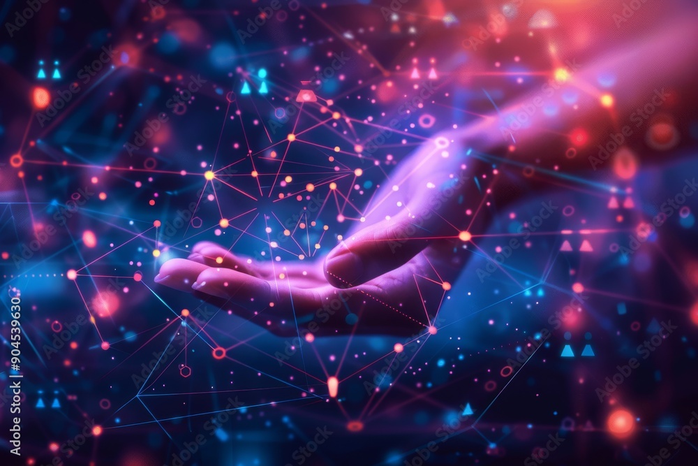 Poster digital hand reaches towards a neon ai core, visualizing the human interaction with technology