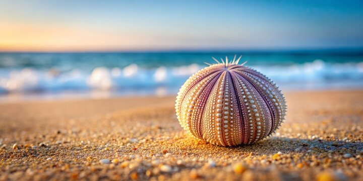 Sea urchin shell resting on sandy beach , sea, urchin, shell, sand, beach, ocean, nature, marine, texture, close-up