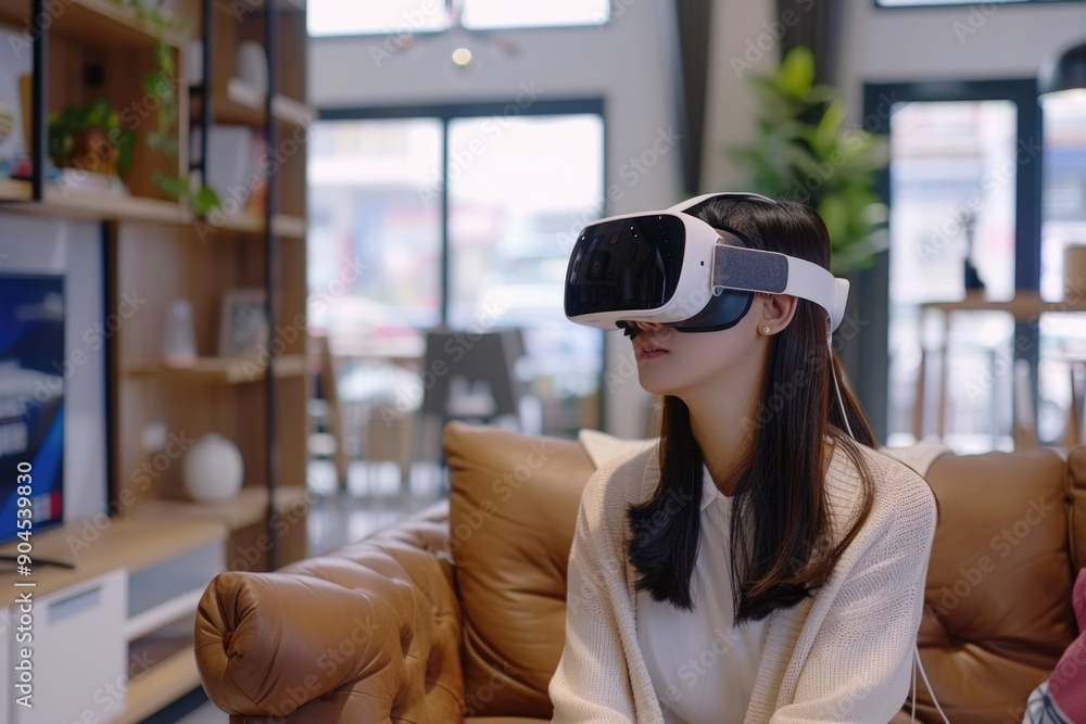 Poster a person relaxing on a couch while wearing a virtual reality headset, ideal for futuristic or techno