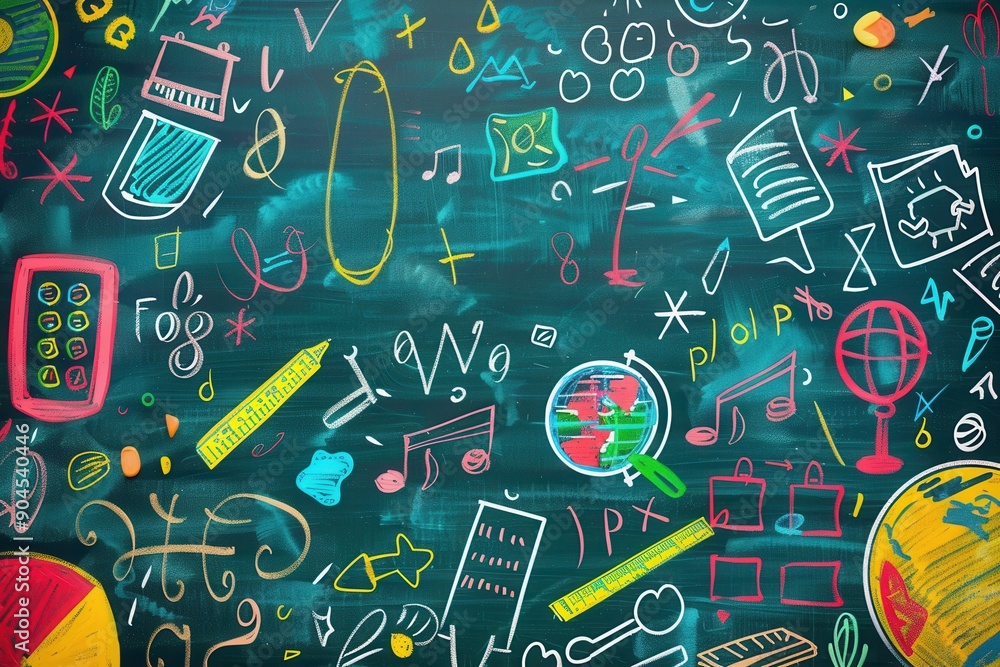 Poster a vibrant chalkboard features colorful brush strokes and tiny drawings of classroom supplies and obj