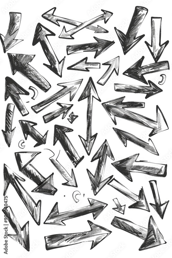 Poster A grouping of pointed arrows varying in size and shape, suitable for illustrations about direction, guidance or warning signs