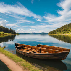 Obraz premium Beautiful lake landscape with row boat and old wooden lake bridge with beautiful sky and cloud background, place for rest and relax, calm water with fresh environment.
