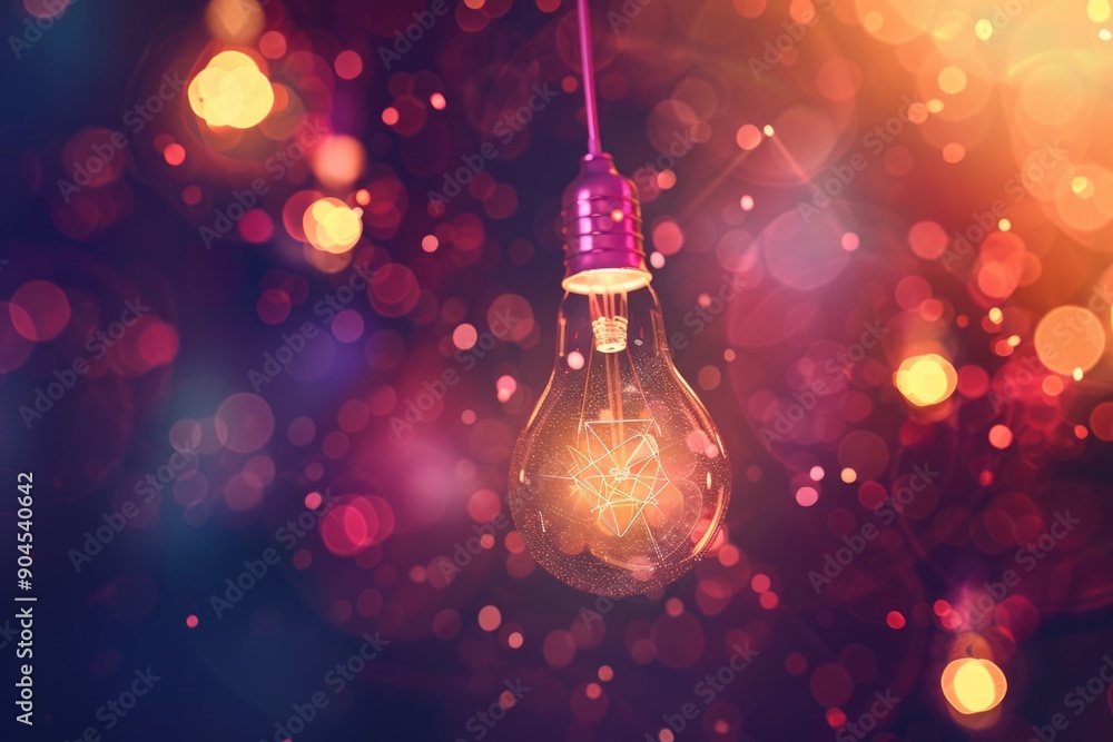 Poster A single light bulb hangs from a string, surrounded by bokeh lights