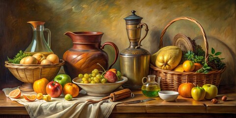 A detailed image of a still life setup featuring various objects, painted with oil paint, still life, oil, paint, art