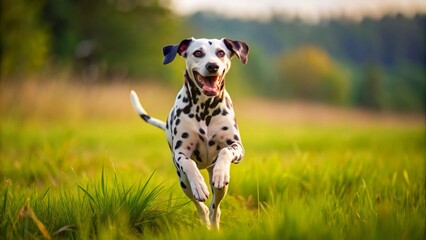 Playful Dalmatian dog running in a grassy field , spotted, energetic, playful, canine, mammal, domestic animal, pet