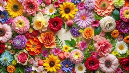 Colorful floral background with assorted flowers, leaves, and petals from a top view, floral, background, top view, colorful