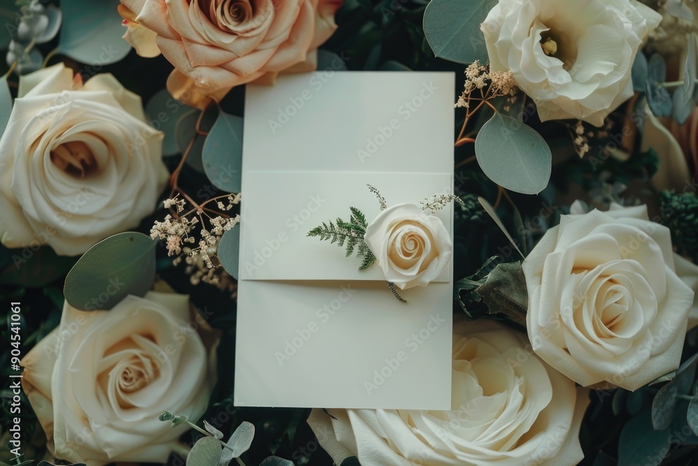 Poster a detailed view of a white greeting card adorned with fresh flowers, perfect for various occasions a