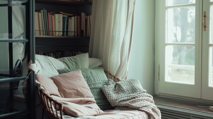 Photo of a cozy reading nook with dark blue cushions and a white throw blanket
