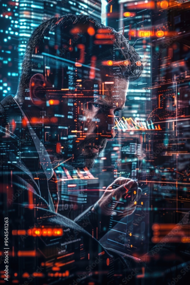 Poster a person standing on the sidewalk of a busy city, focused on their mobile device