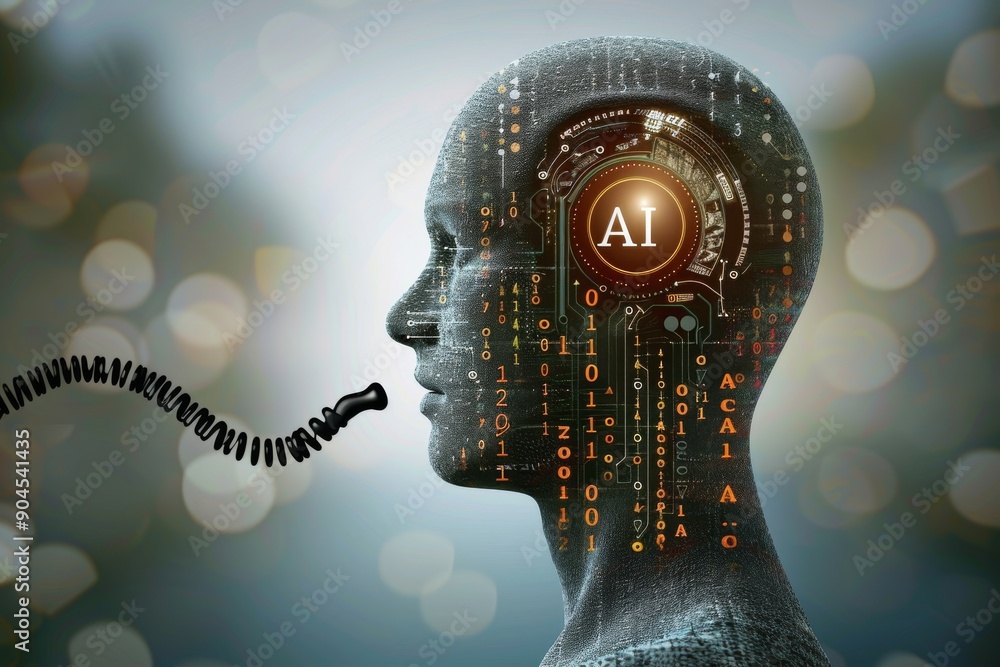 Poster conceptual portrait of a person with ai brain connections, exploring the nexus of mind and machine.