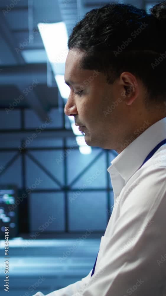 Poster vertical video portrait of smiling data center technician responsible for installation and repair of