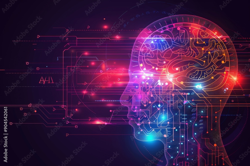 Poster colorful brain circuit representing ai's complex neural networks, blending biology with technology.