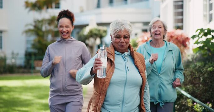 Senior women, power walk and group in park with exercise, nature and health with retirement. Elderly friends, steps and happy with training, workout and together for support in nature and routine