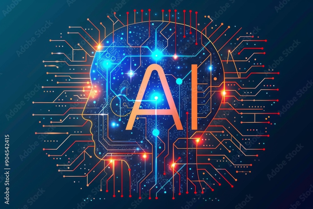 Poster ai-themed neon signage in a dynamic cityscape, reflecting the omnipresence of technology in urban li